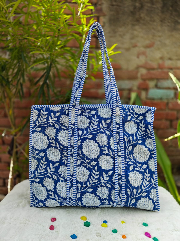 Indigo Bloom Floral Cotton Quilted Tote Bag