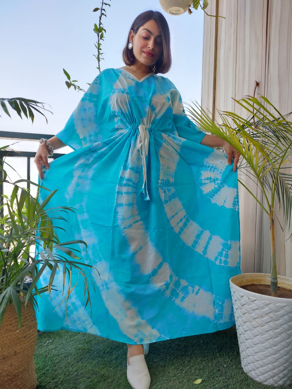 Sky Blue Cotton Digital Printed Party Wear Kaftan