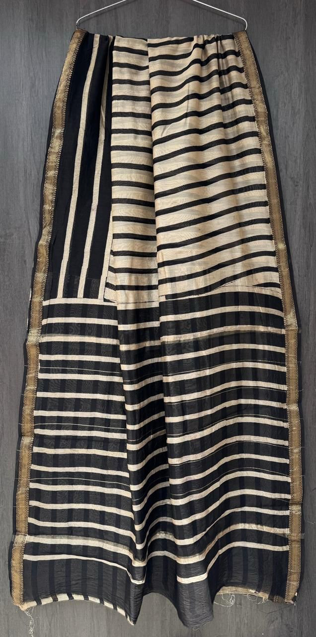 black and cream striped Chanderi or Maheshwari silk blend saree with a gold zari border design