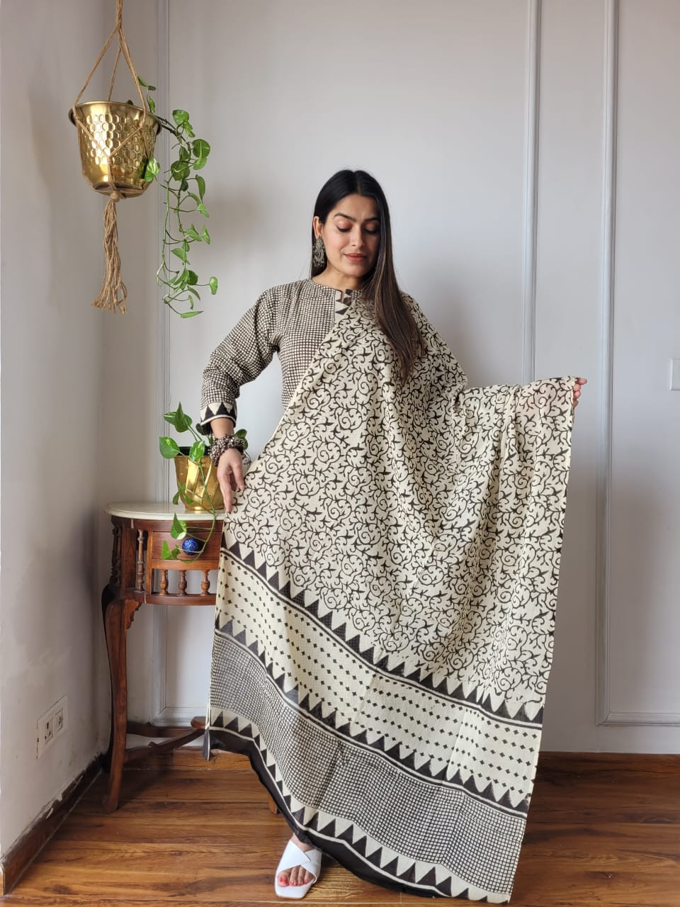 light yellow (or beige) and multicolour floral hand block printed cotton kurta, pants, and dupatta suit set