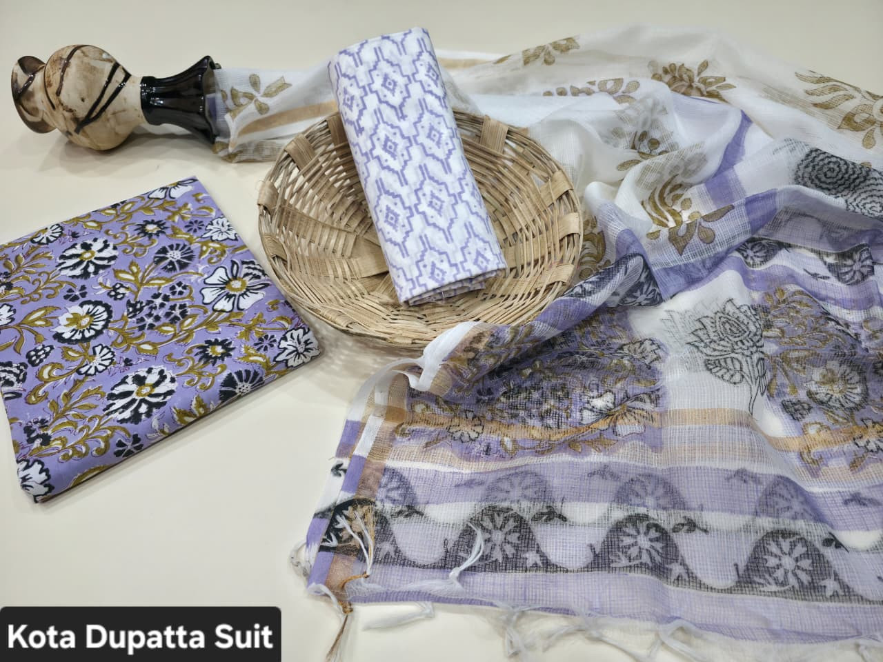 White, Purple, Gold, and Black Floral Hand Block Print Cotton Suit with Kota Doria Dupatta.