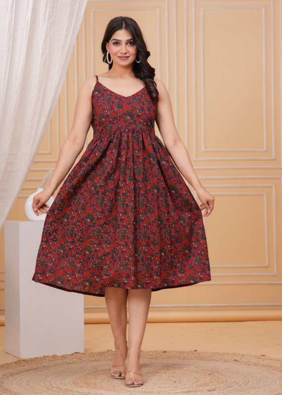 Maroon Floral Print Sleeveless Gathered one pices Dress
