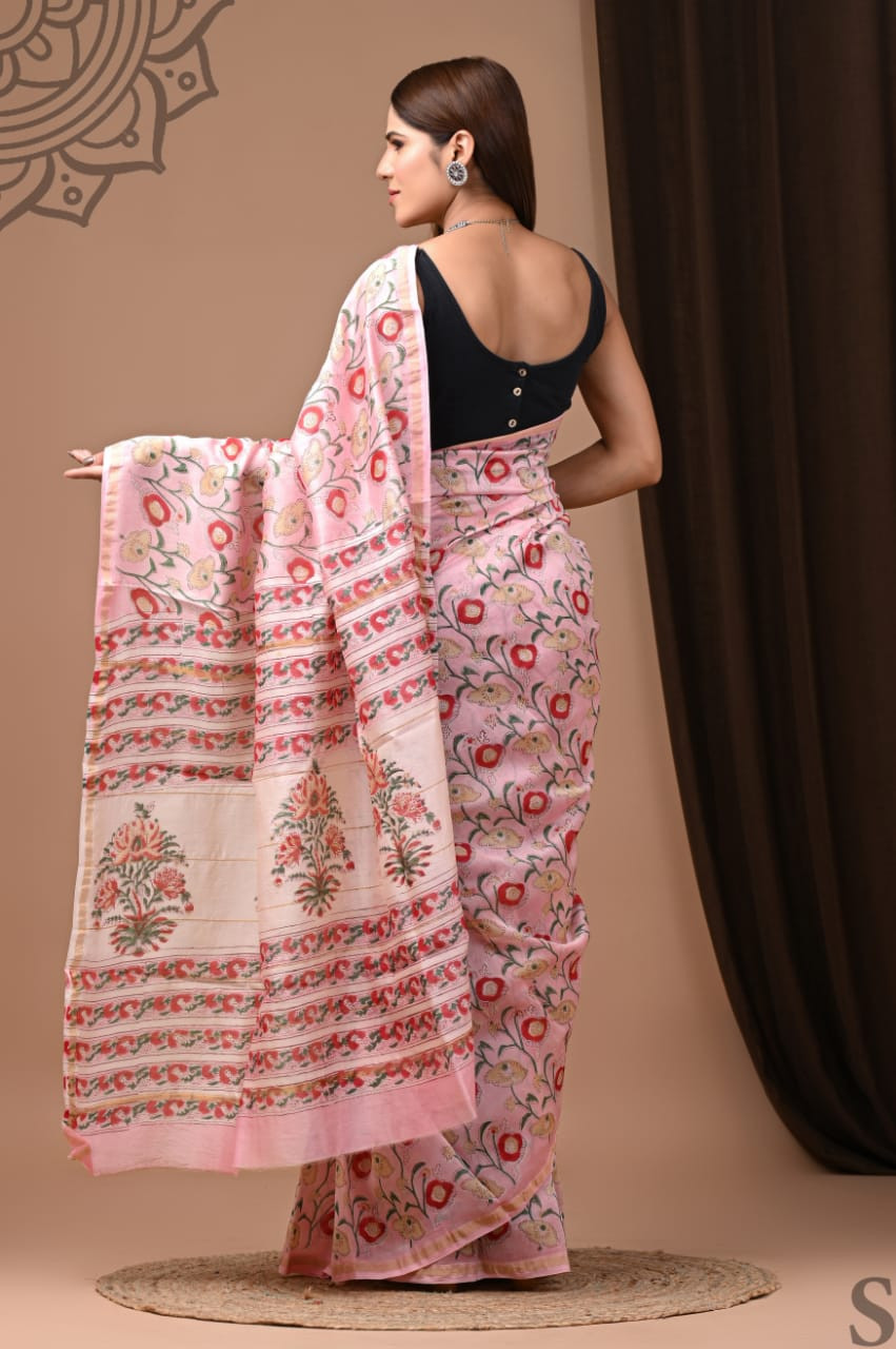 Pink Hand Block Printed Traditional Silk Saree with Blouse: Natural Dyes & Colors