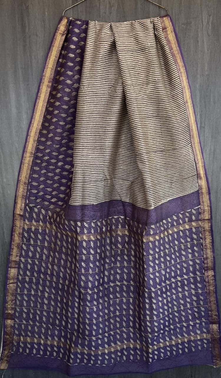 Royal Purple & Beige Hand Block Printed Maheshwari Silk Saree with Blouse
