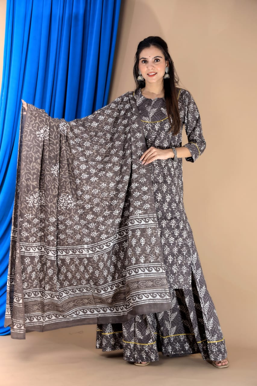 Charcoal Gray Hand Block Print Cotton Long Kurta & Skirt Set with Dupatta