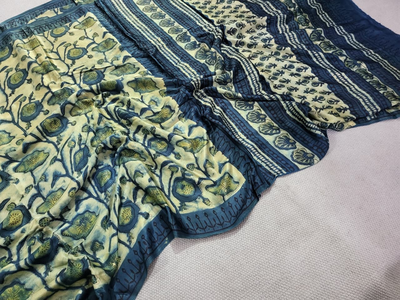 Indigo Blue & Cream Floral Hand Block Ajrakh Print Saree