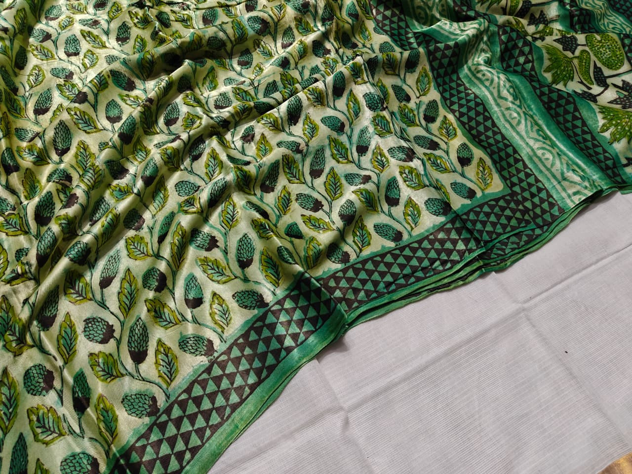 Mehendi Rang Ajrakh Vanaspati Pure Modal Silk Saree with printed blouse