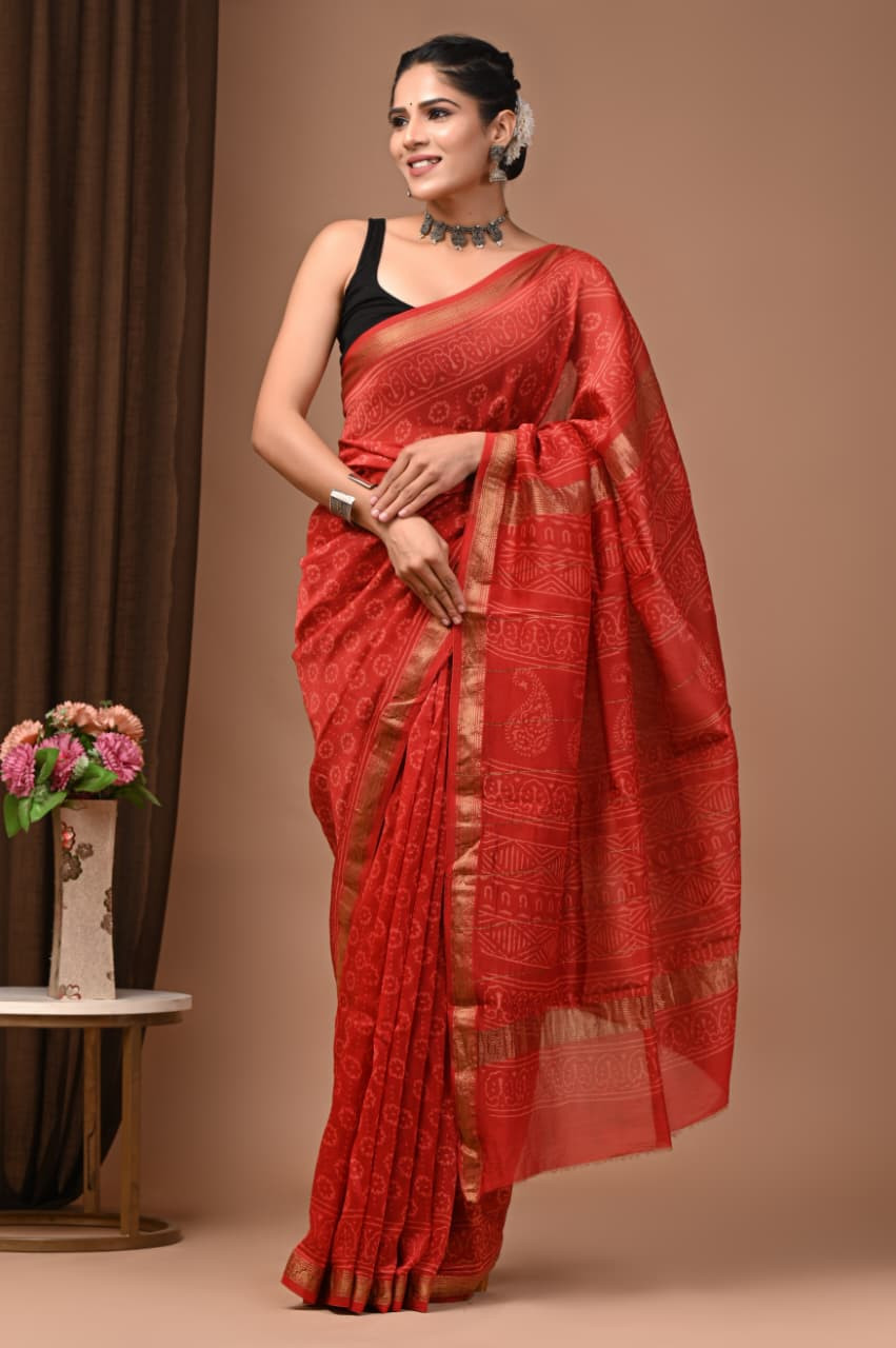 Red Maheshwari Silk Saree with Gold Border and Hand Block Print/Kalamkari Print.