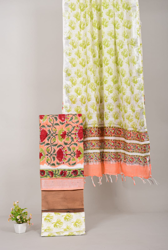 White & Lime Green Cotton Handblock  un stiched suit with Peach Floral Border.