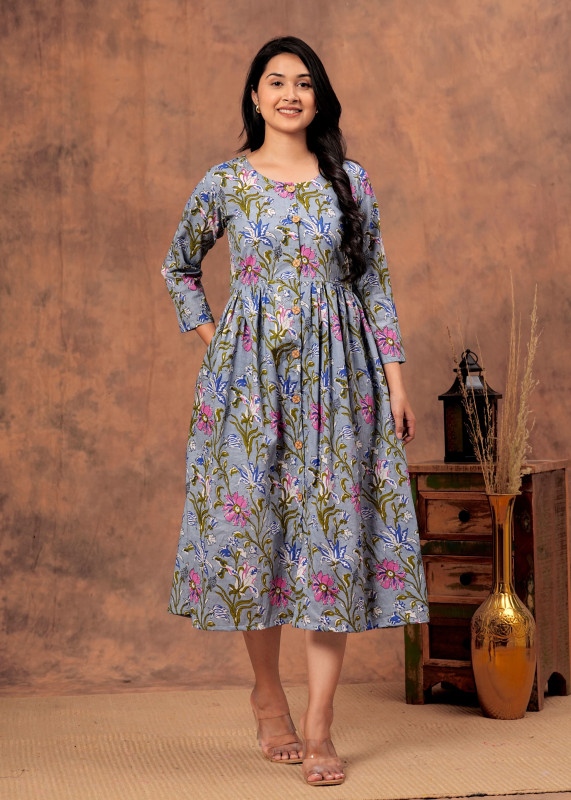 Grey-Blue & Pink Floral Handblock Printed Cotton Button-Down  one piece dress