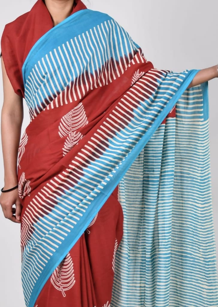 Brick Red and blue batik printed mulmul cotton saree