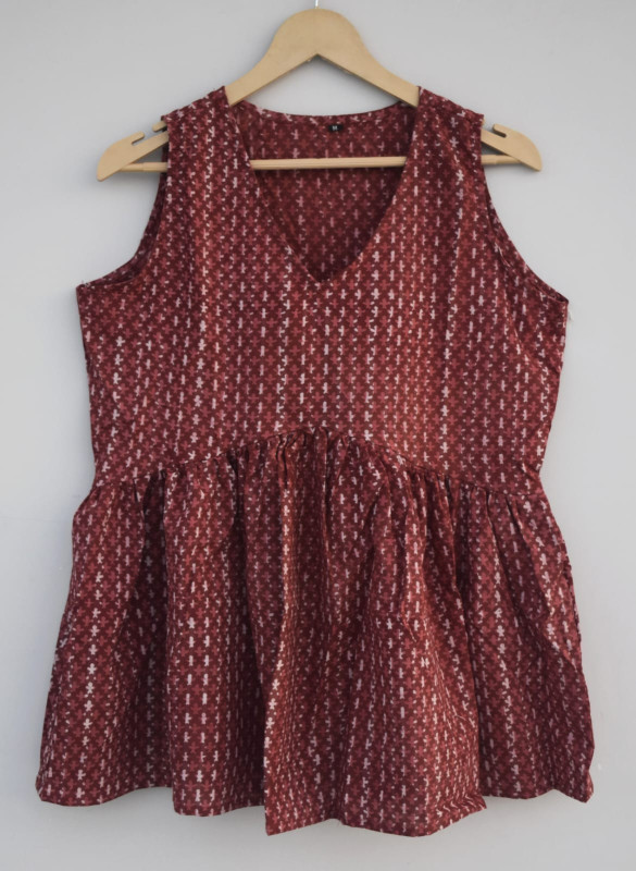 Reddish-brown  hand-block printed, geometric pattern, cotton  sleeveless top