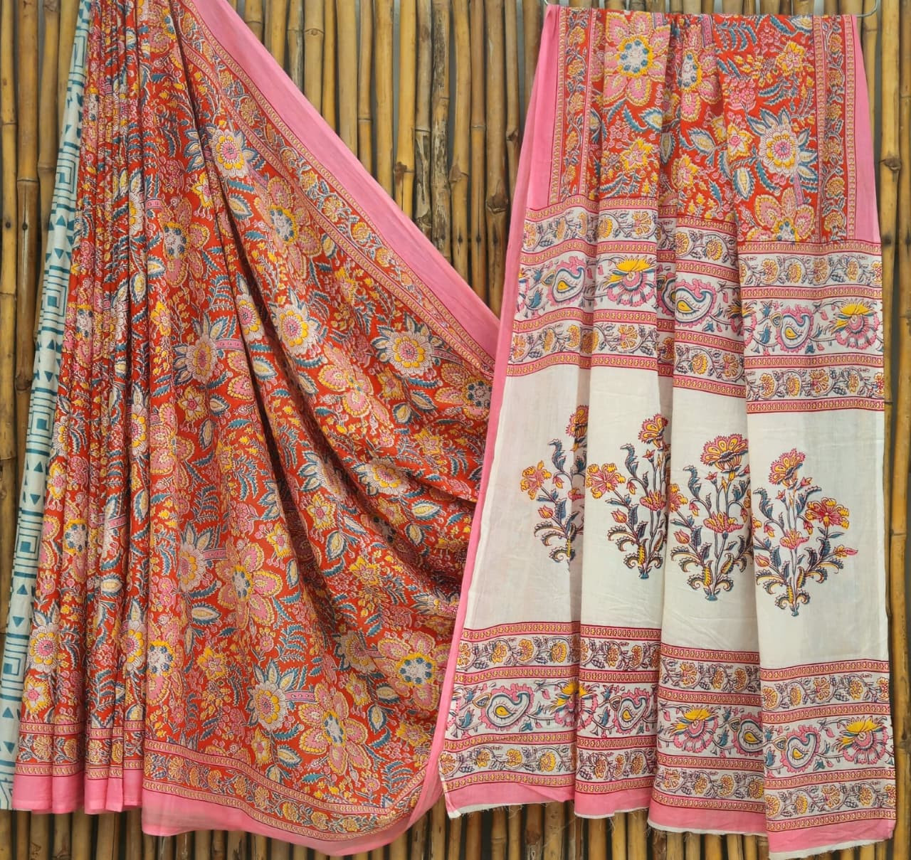 Red & White Kalamkari Hand-Block Printed Mulmul Cotton Saree with Pink Border & Blouse (6.5 Meters, 92*80, 100% Pure Cotton Fabric)