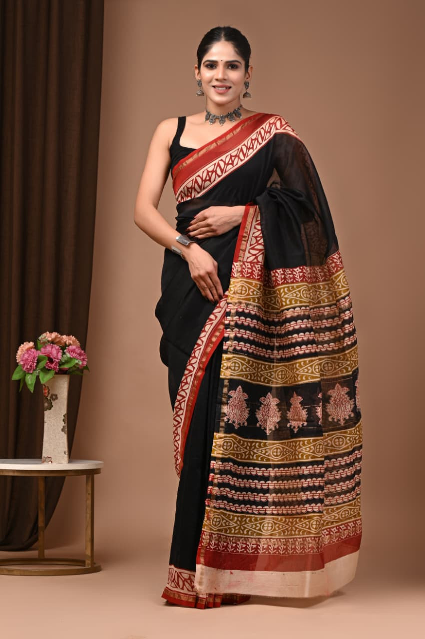 Traditional Handloom Tussar Ghicha Silk Saree with Contrast Red-Gold Border & Handblock Print Blouse.