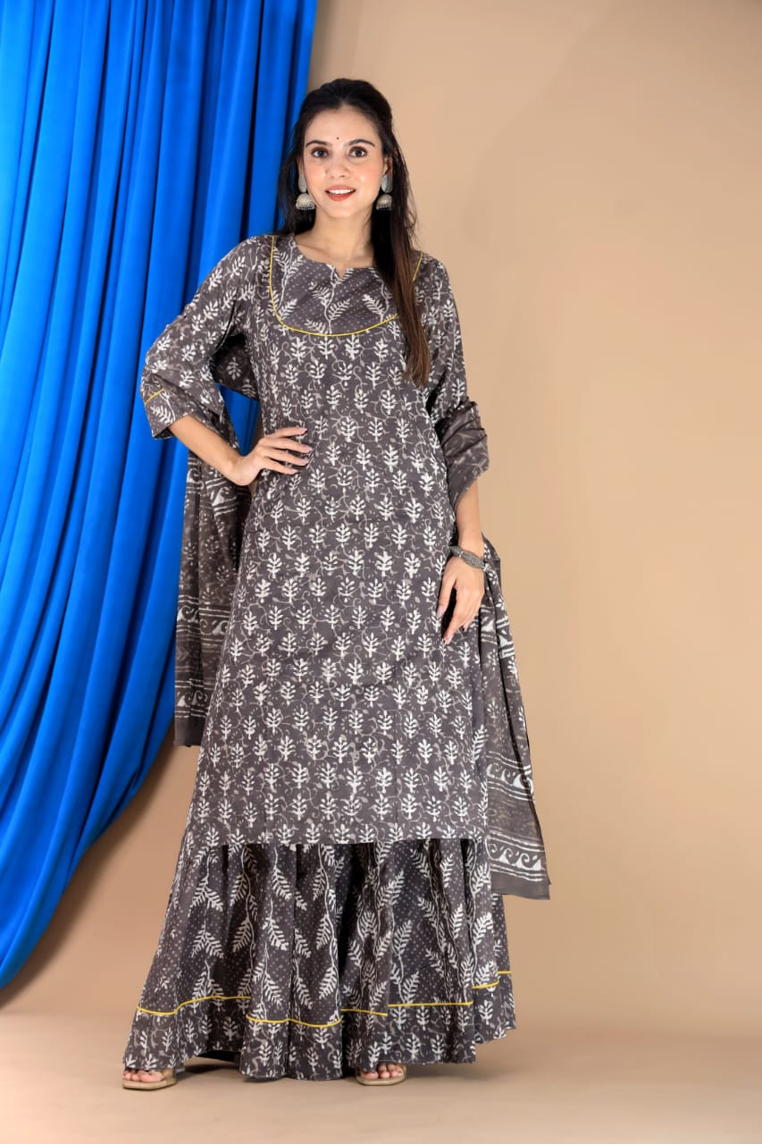 Charcoal Gray Hand Block Print Cotton Long Kurta & Sharara Set with Dupatta