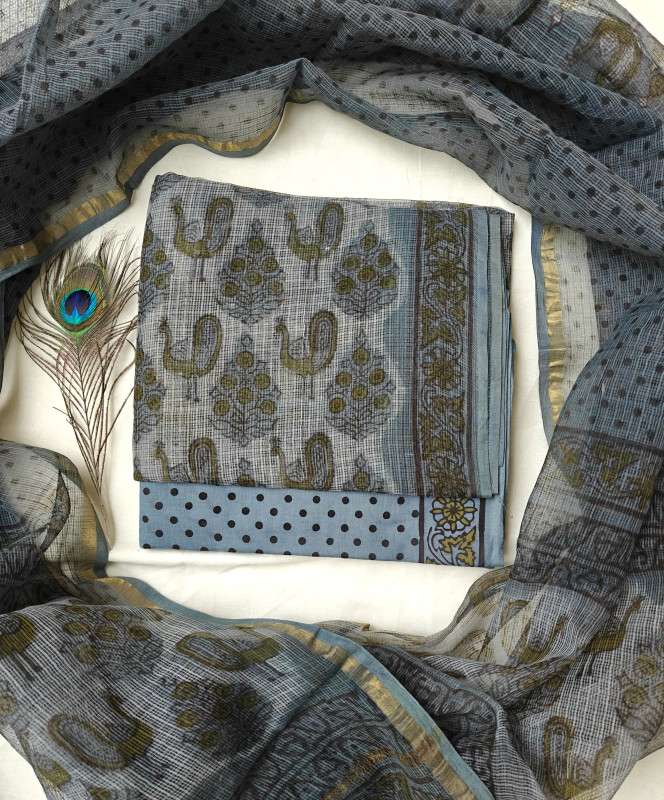 Grey and Olive Green Floral Handblock Printed Cotton Kota Doria Suit 2.5m top & dupatta and 2.5m cotton cambric bottom
