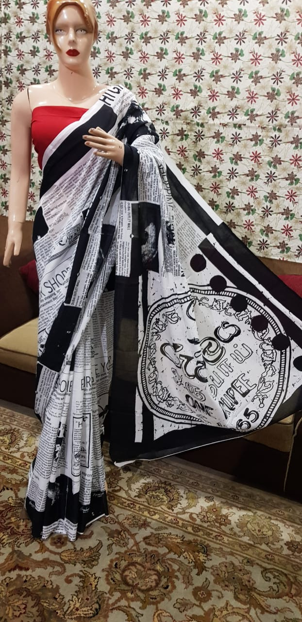 Avant-Garde Monochrome Newspaper Print Cotton Saree with Bold Typographic Design.