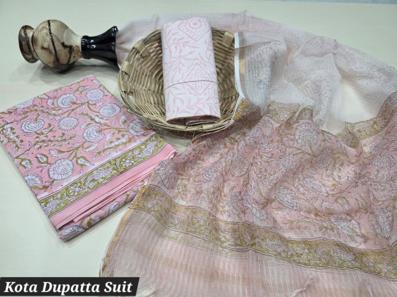 Pink Kota Doria Dupatta Suit (unstitched material, approx 2.5m each piece).