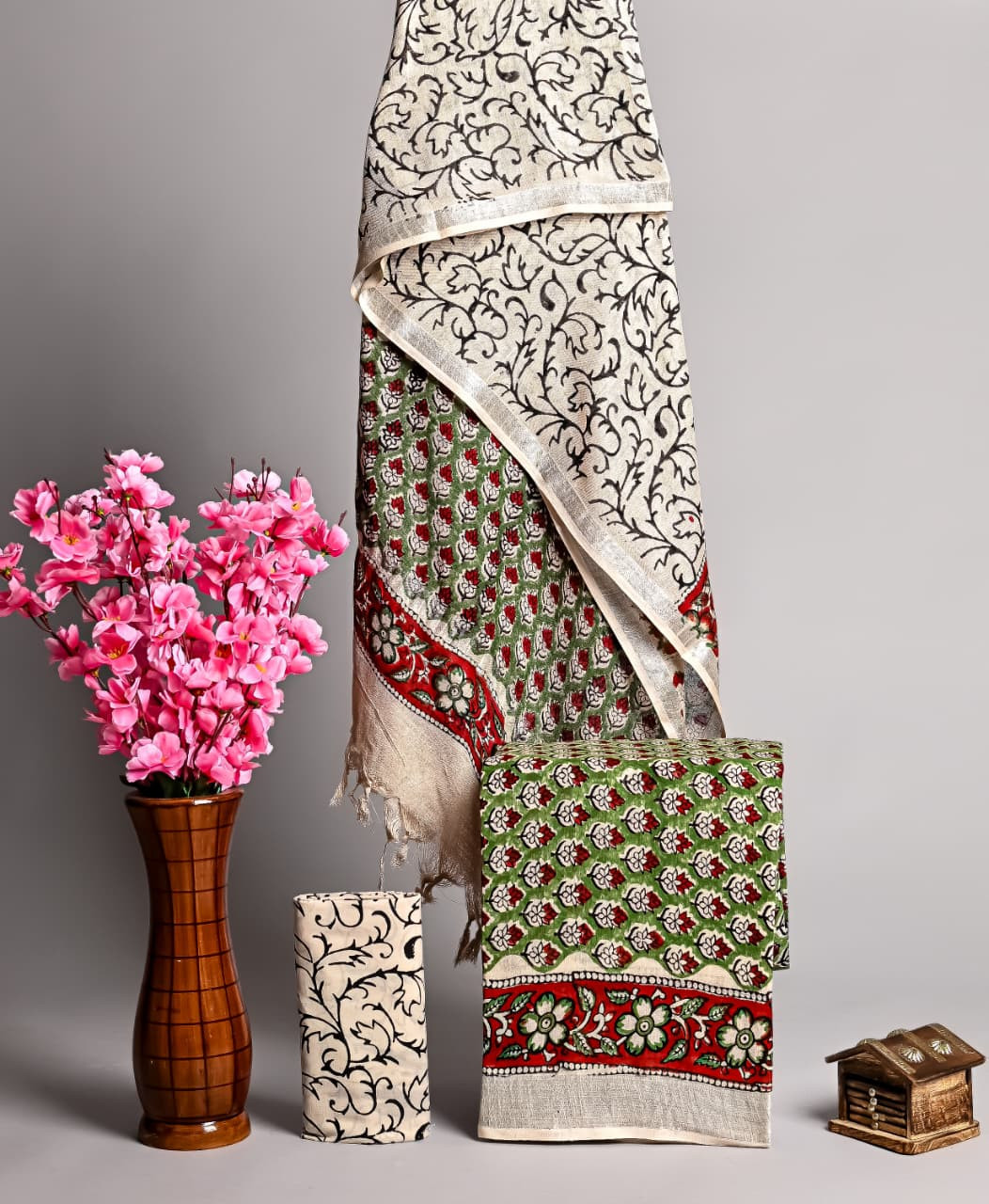 Evergreen Bloom: Red and Green Handcrafted Cotton Suit Material