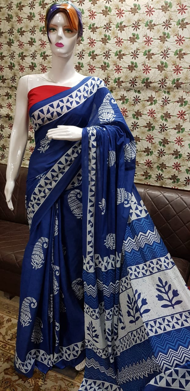 Royal Blue and White Batik Print Saree featuring mango paisley and geometric patterns.