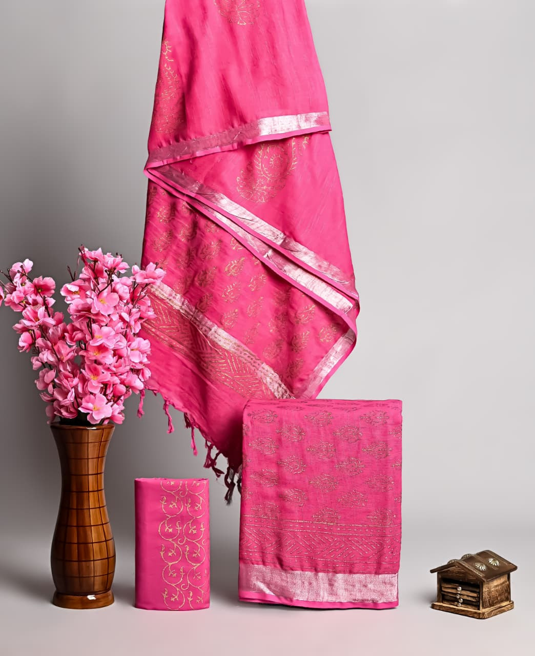 Hot Pink Hand Block Printed Cotton Unstitched Suit Set