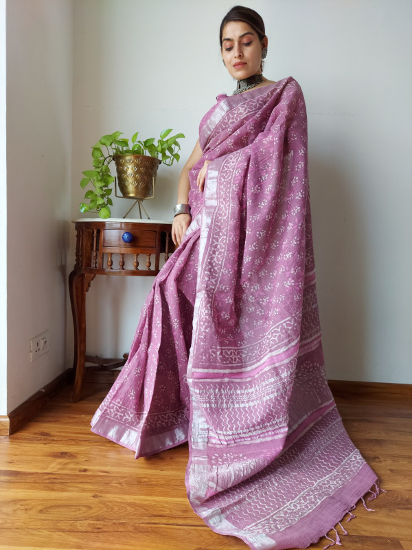 Soft Mauve with White Detailing All-over Floral Handblock Printed Mauve Linen Saree