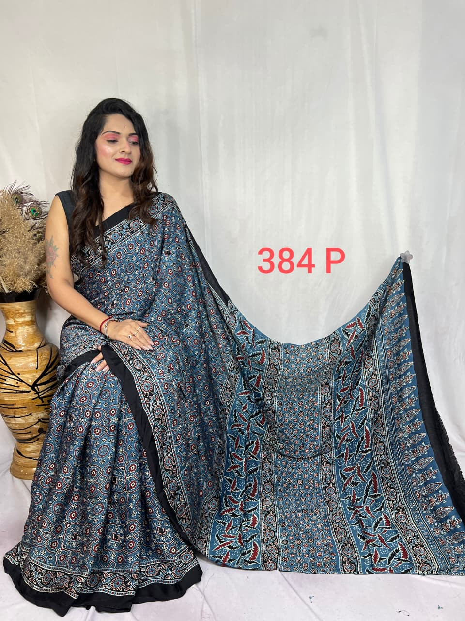 Teal Blue Ajrakh Hand Block Print Modal Silk Saree.