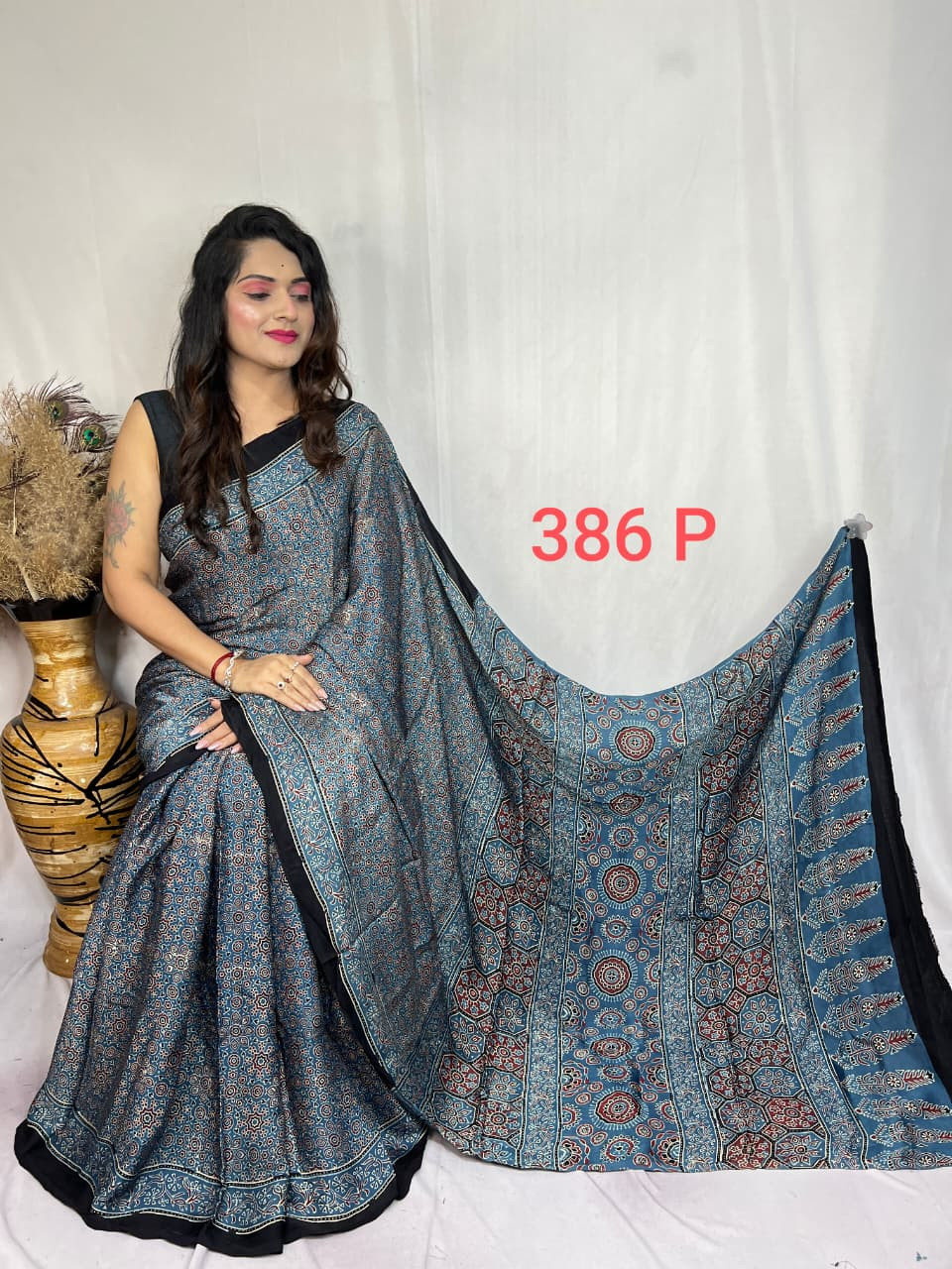 Teal Blue Ajrakh Hand Block Print Modal Silk Saree.