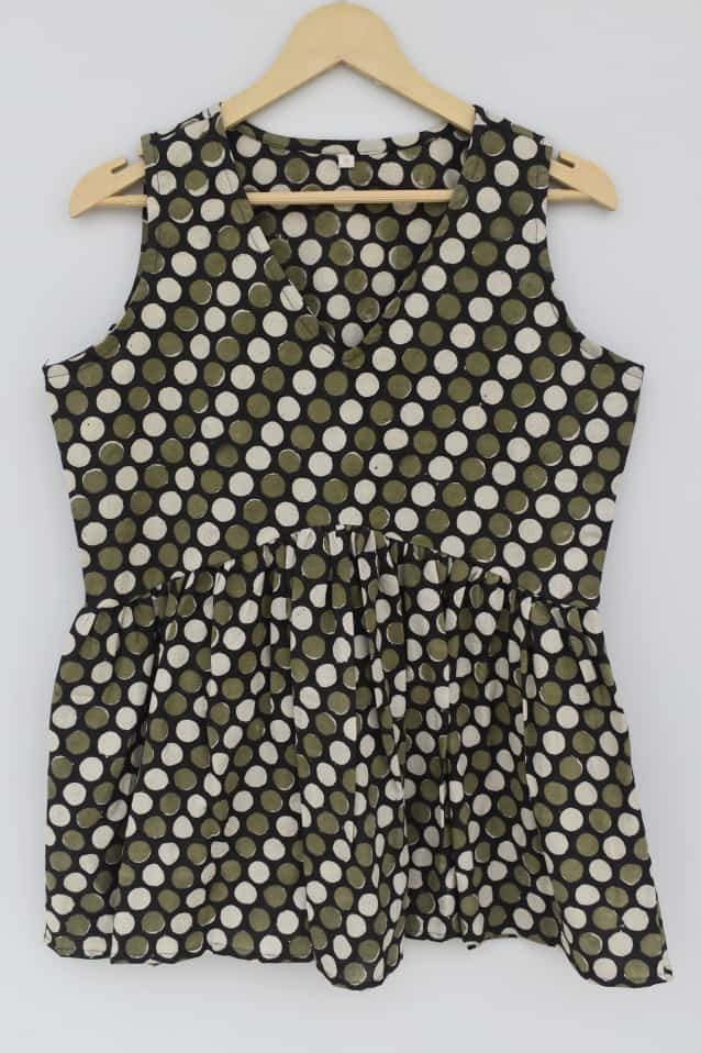 Multicolor women's polka dot hand block printed cotton sleeveless top(Cotton Cambric)