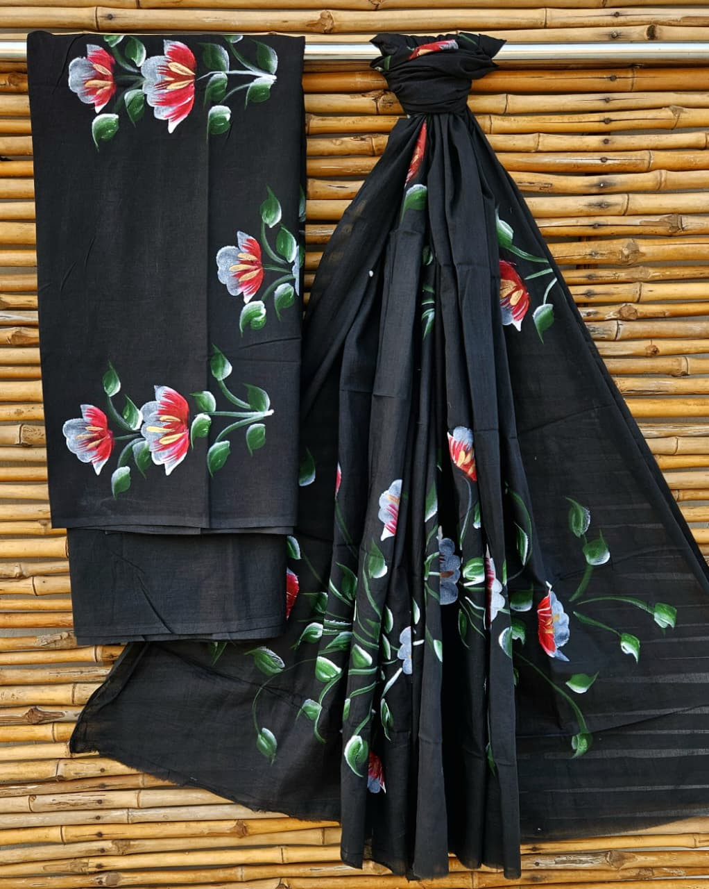 Elegant Black Hand-Painted Cotton Suit Set