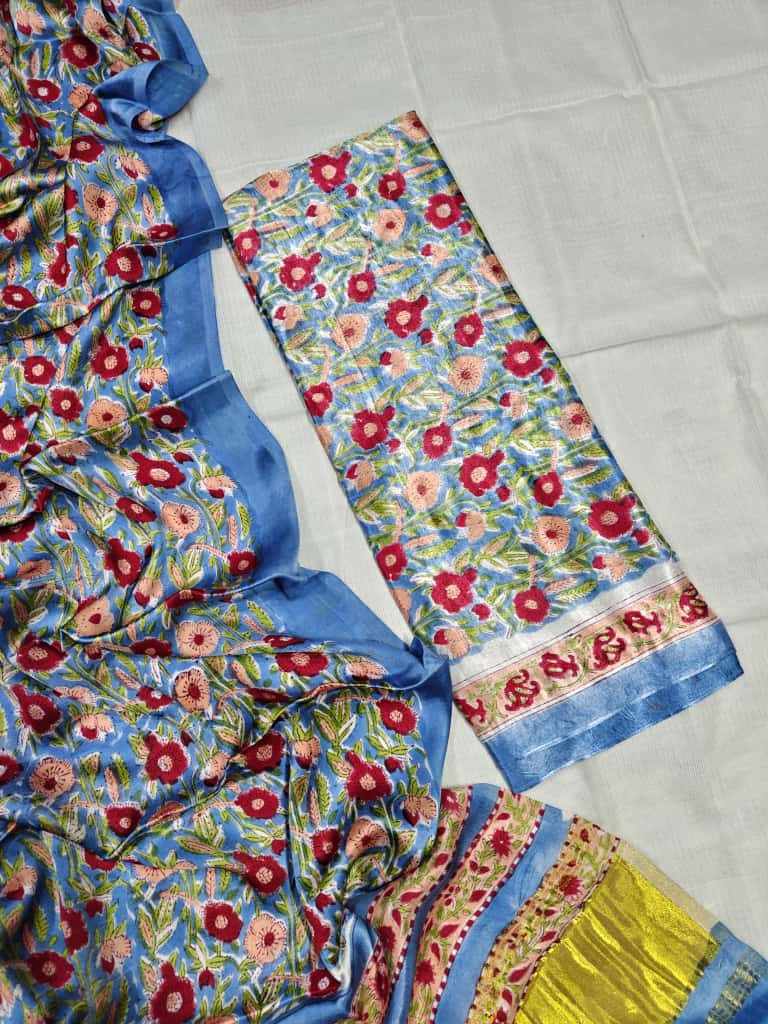 sky blue floral saree ka material Chanderi Silk (lightweight silk-blend fabric)