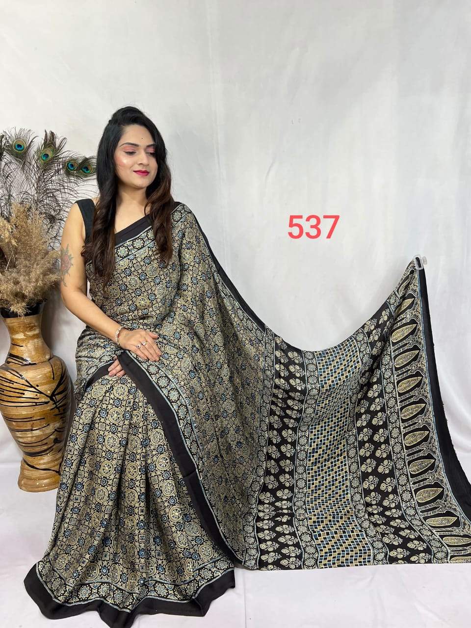 Black Ajrakh Hand Block Print Modal Silk Saree.
