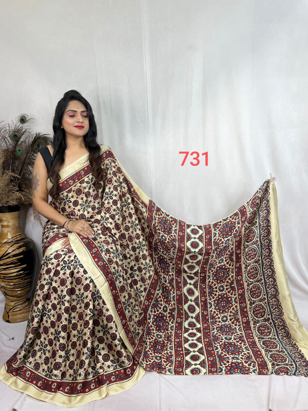 Modal Silk Ajrakh Print Saree in Cream and Red