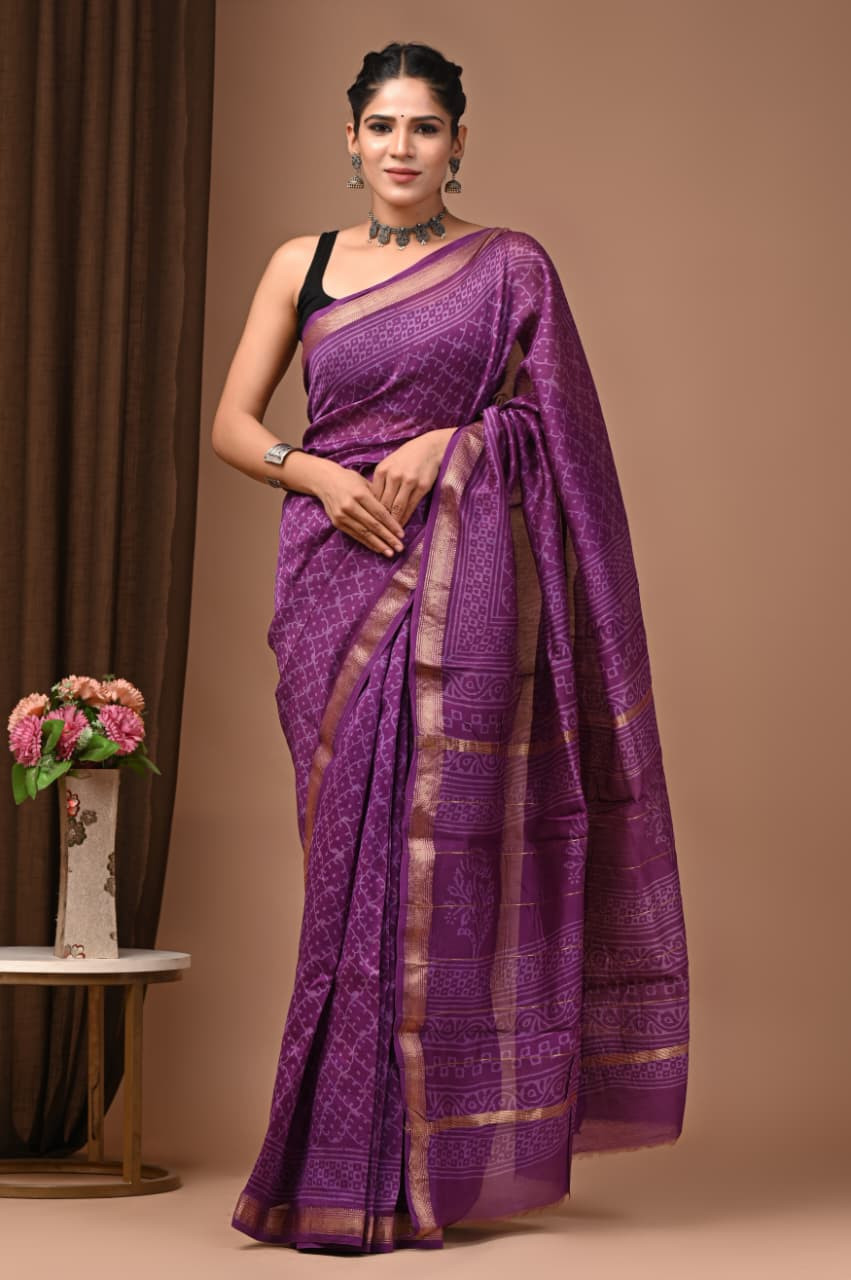 Purple Maheshwari Silk Saree with Gold Border and Hand Block Print.