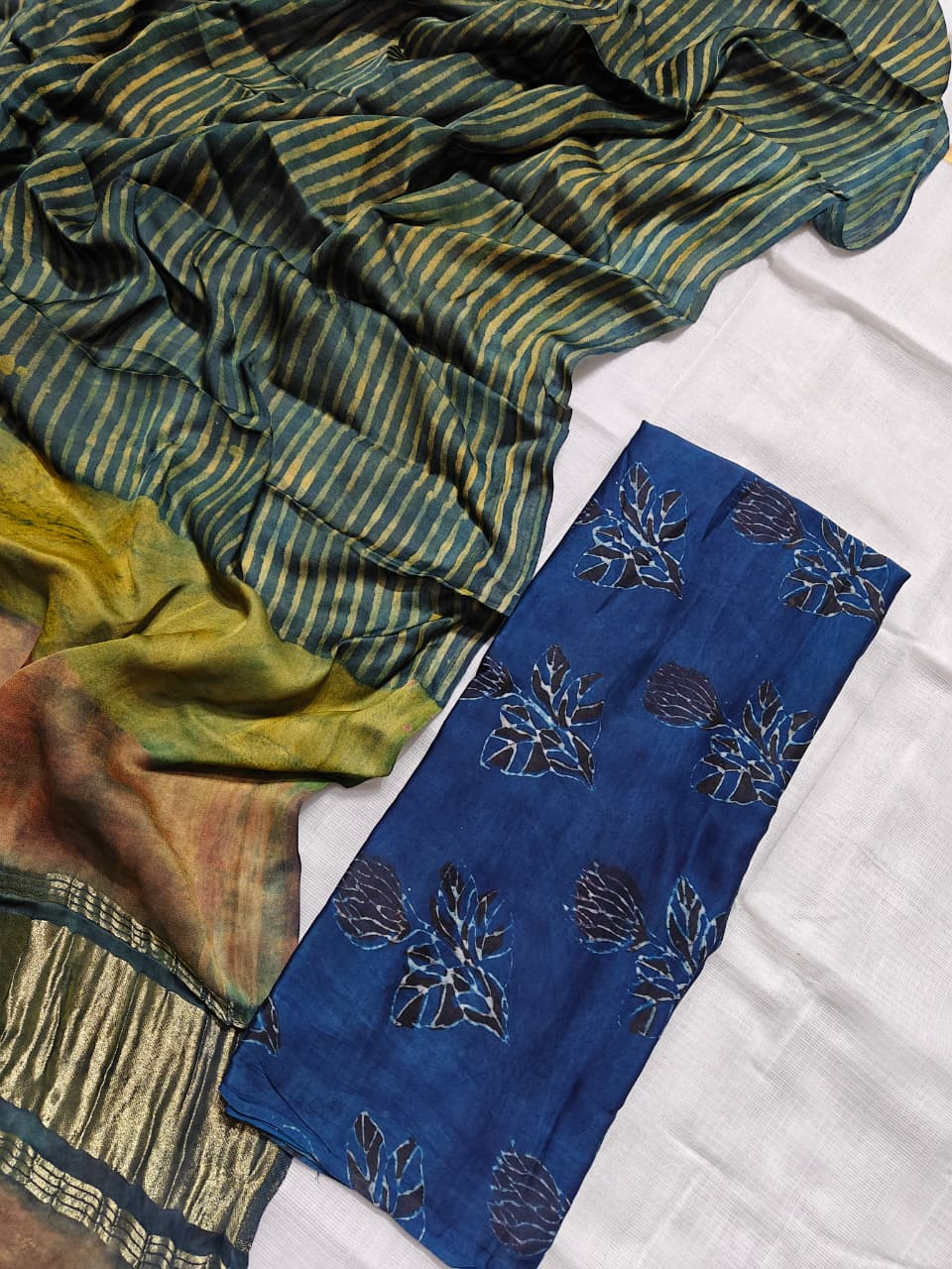 Indigo Blue Leaf & Striped Hand-Block Print Chanderi/Cotton Saree