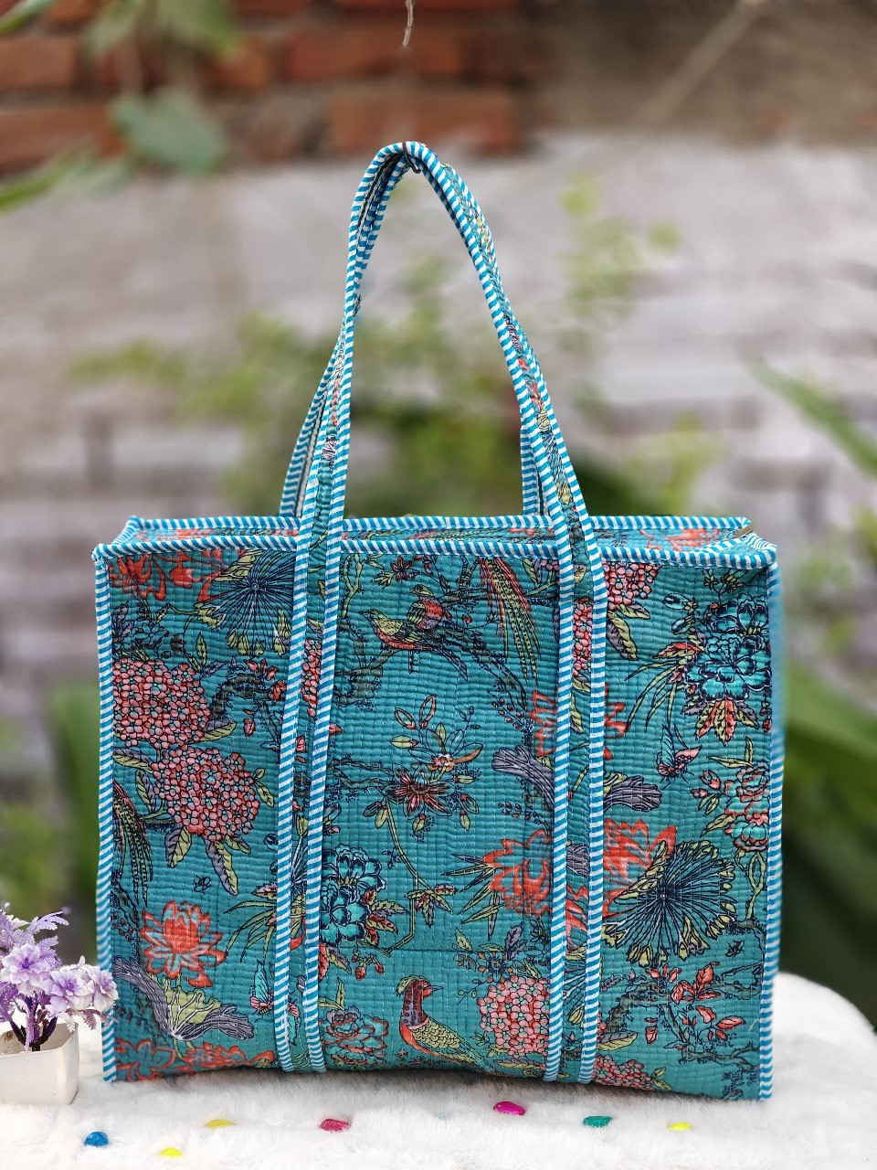 Cerulean Blue Quilted Cotton Bird & Floral Block Print Tote Bag