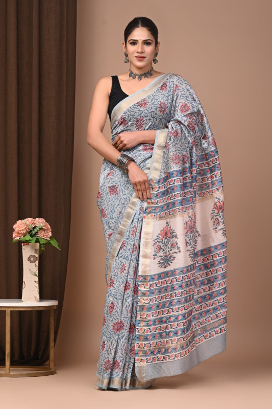 Light Blue/Grey Maheshwari Silk Saree with Pink, Blue, & Green Floral/Botanical Hand Block Print.