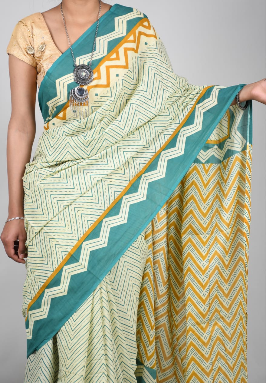 Mint Green & Mustard Zigzag Patterned Printed Cotton Saree