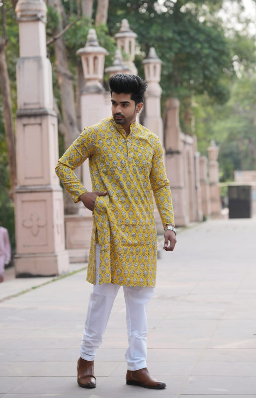 Mustard Yellow Block Print Kurta with White Pyjama