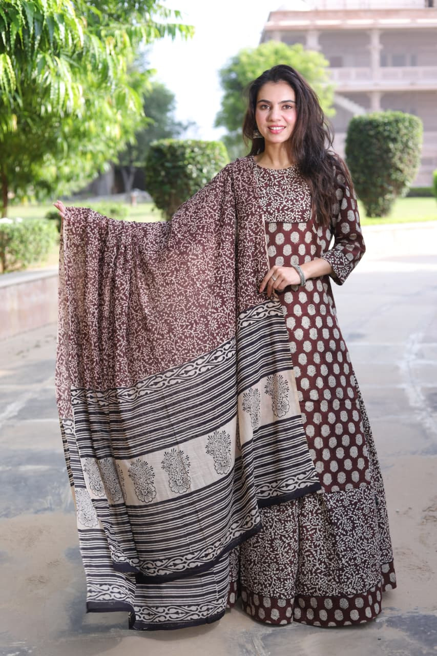Maroon & Beige Hand Block Print Cotton Designer Long Kurta & Skirt with Dupatta