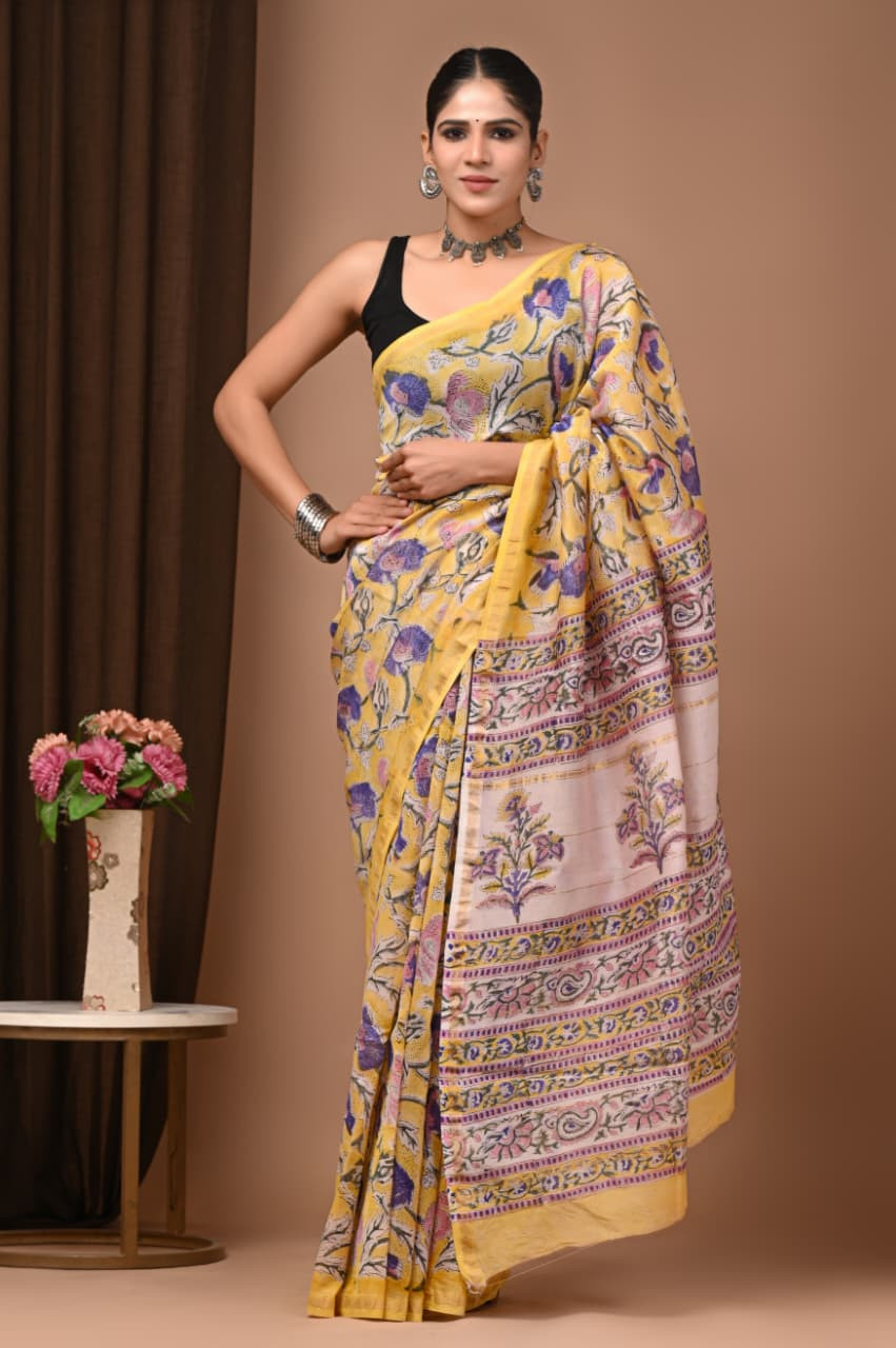 Golden Blossom Floral Printed Pure Silk Saree with Black Blouse