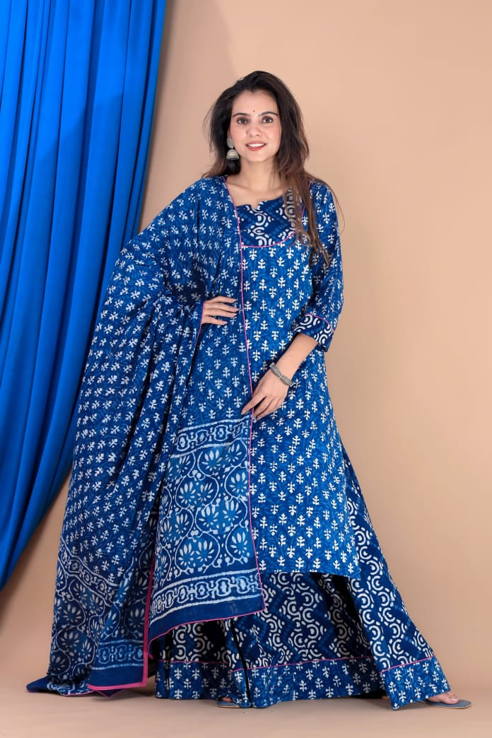 "Blue Hand Block Printed Anarkali Kurta Set With Dupatta"