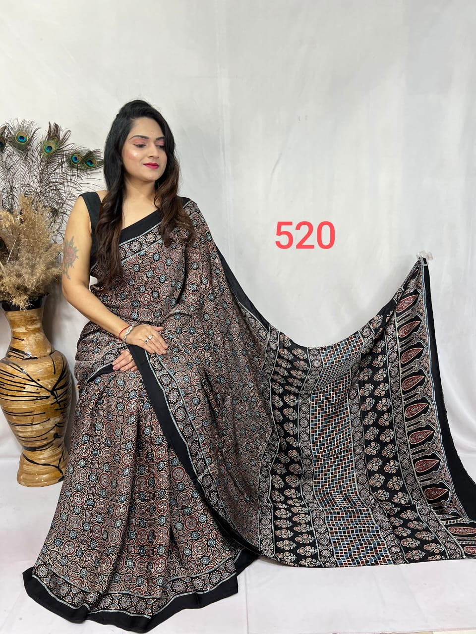 Black and Red Ajrakh Hand Block Printed Modal Silk Saree