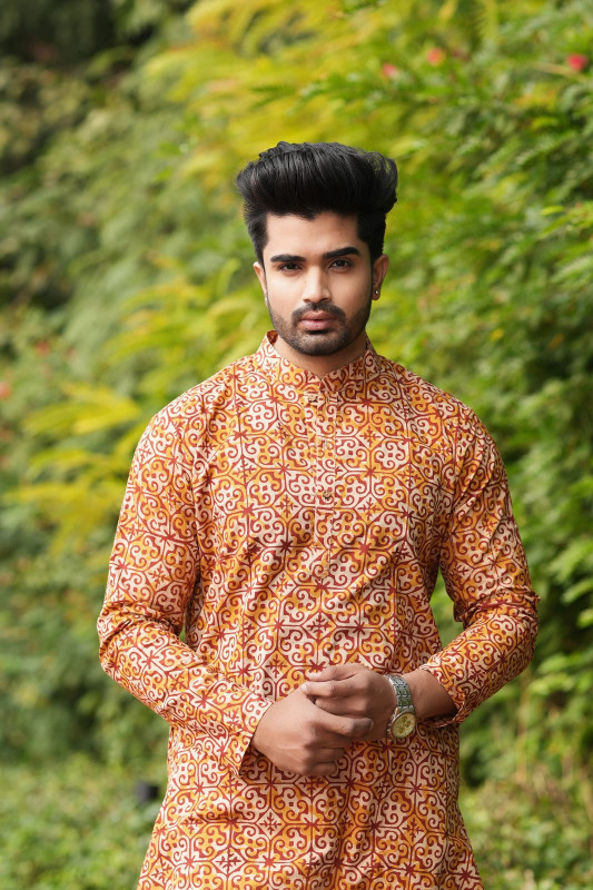 Mustard Yellow (or Orange-Red / Copper) with a geometric or ethnic motif print.