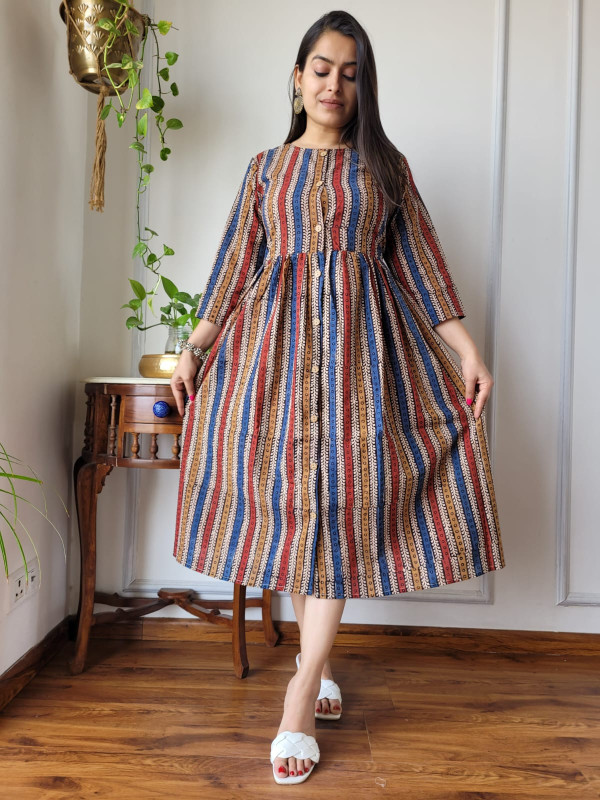 Multicolor Striped Cotton  One Piece Dress