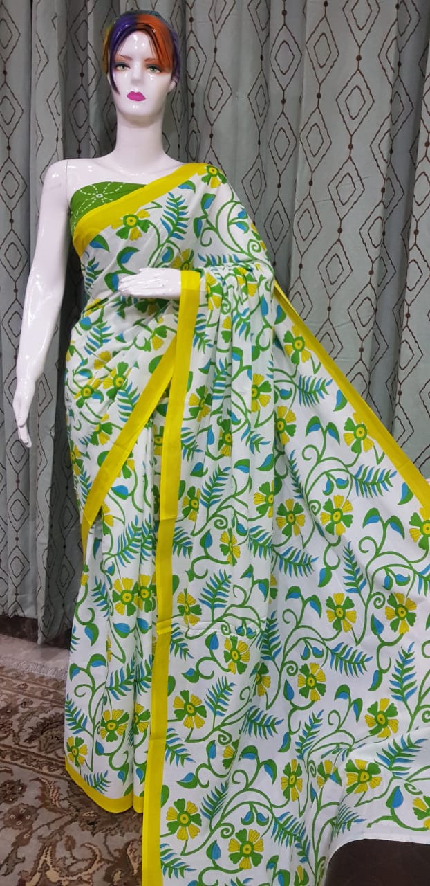 White Cotton Saree with Yellow and Green Floral Kalamkari Print