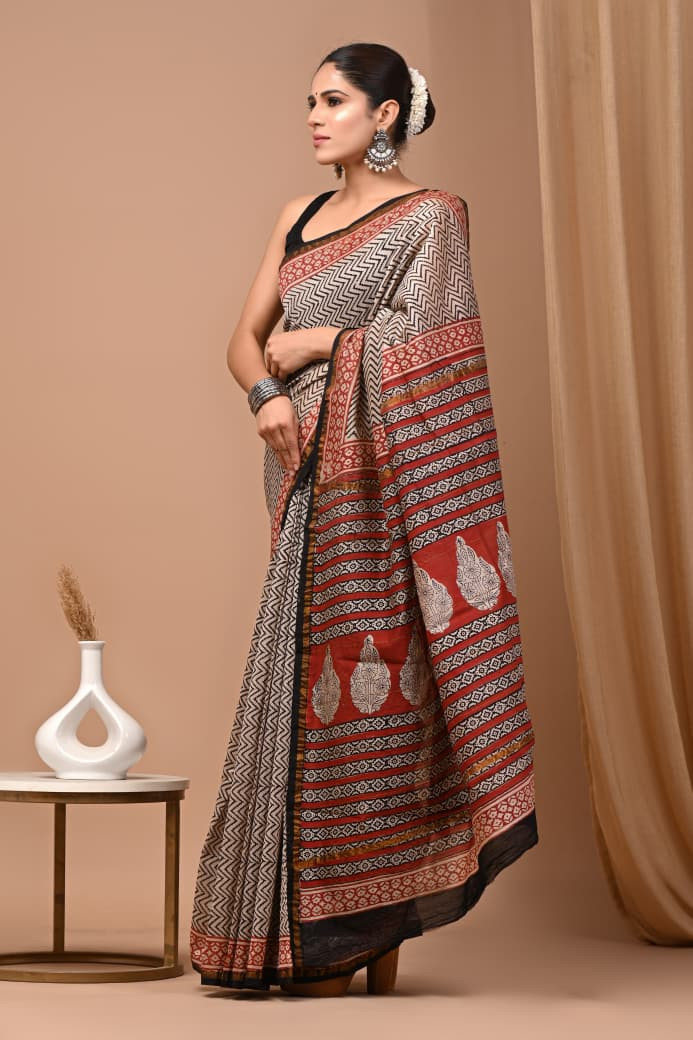 "Ruby Dusk" Hand Block Printed Maheshwari Silk Saree with Blouse