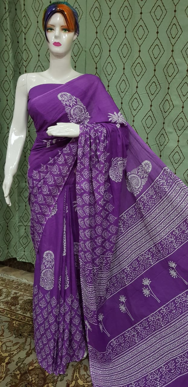 Vibrant Royal Purple Cotton Saree with White Floral Block-Printed Motifs and Striped Border.
