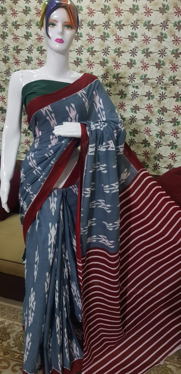 Slate Grey Cotton Saree with Traditional White Ikat Motifs and Maroon Border.