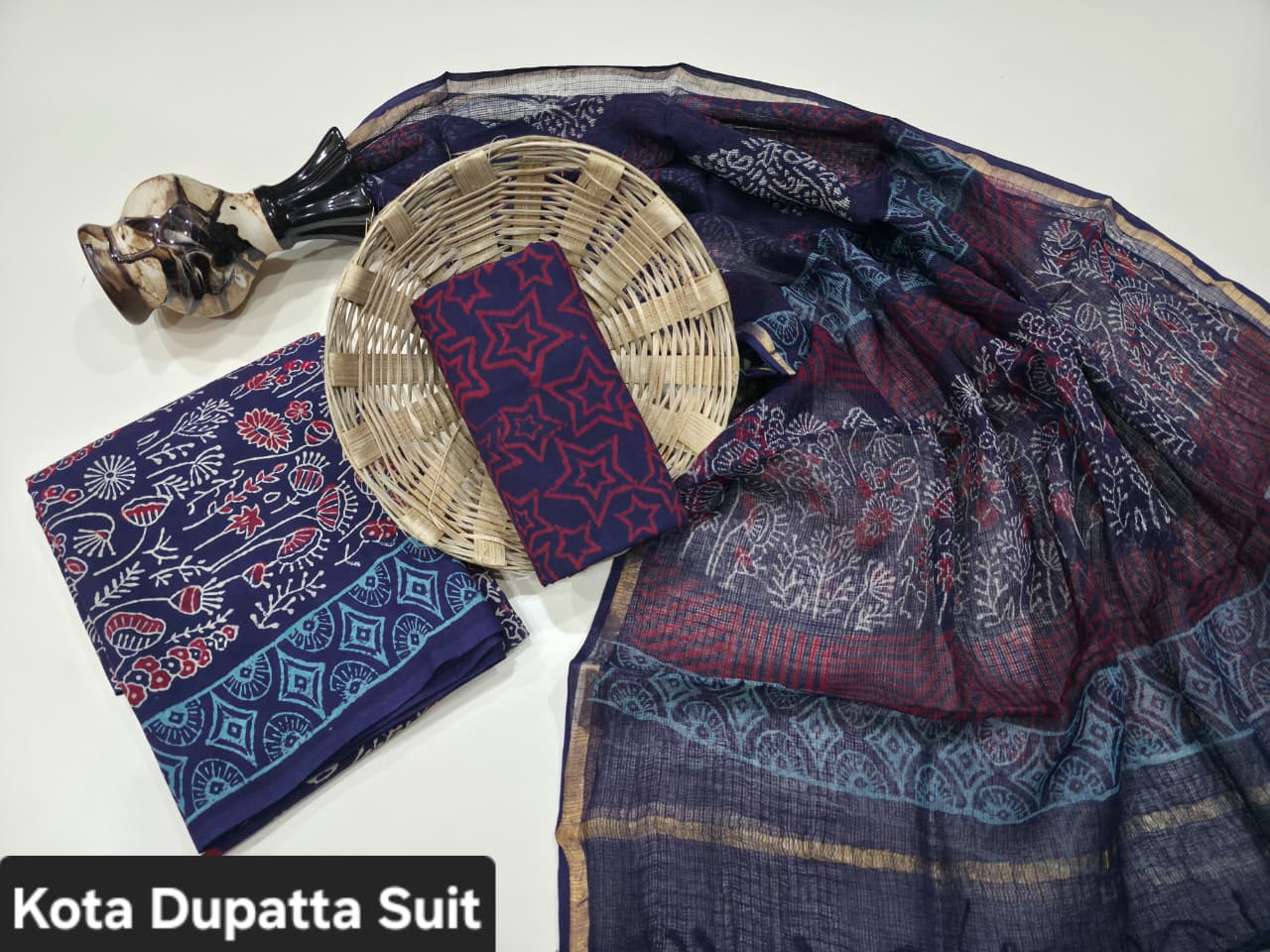 Deep Blue & Maroon Floral Hand Block Print Cotton Suit with a Kota Doria Dupatta.